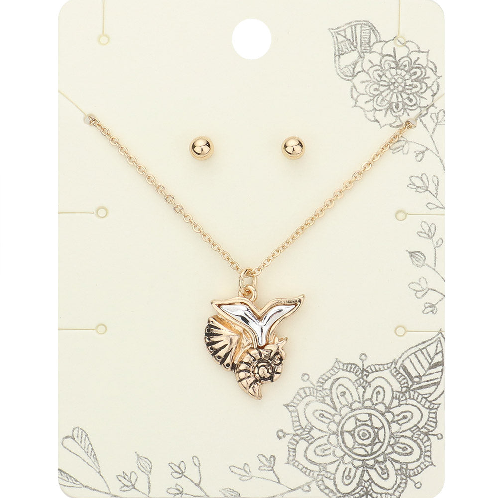 Antique Gold, Silver, Two Tone Metal Conch Shell Mermaid Tail Pendant Necklace