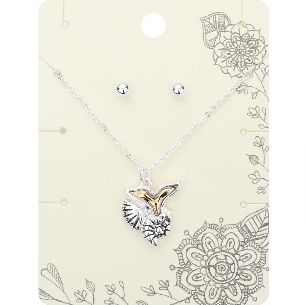 Antique Silver, Gold, Two Tone Metal Conch Shell Mermaid Tail Pendant Necklace