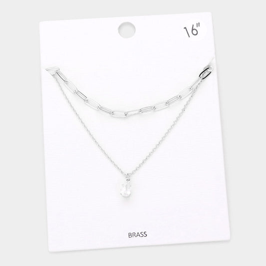 Madeline Love Rhodium Brass Metal Teardrop Stone Pendant Double Layered Necklace - Necklaces