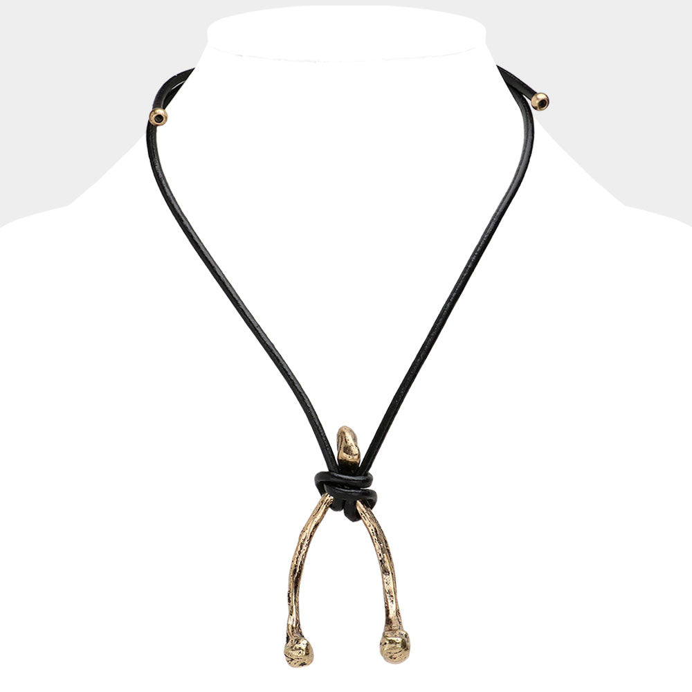 Madeline Love Black, Gold Burnished Unisex Wishbone Metal Pendant Necklace - Necklaces