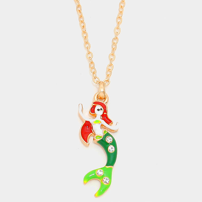 Gold, Multi Crystal enamel mermaid pendant necklace