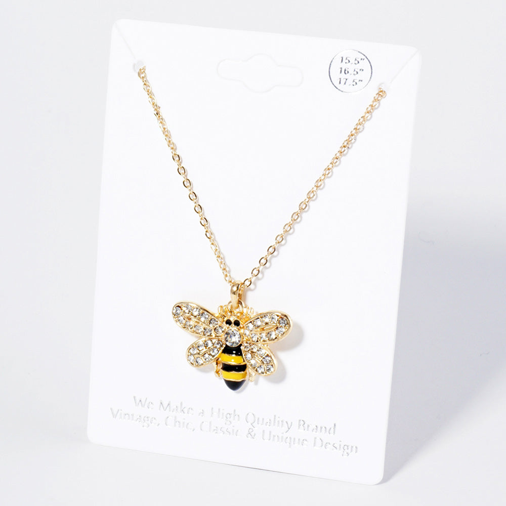Madeline Love Clear, Gold Crystal Rhinestone Paved Enamel Honey Bee Pendant Necklace - Necklaces