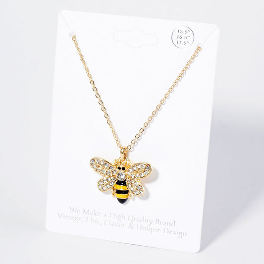 Madeline Love Clear, Gold Crystal Rhinestone Paved Enamel Honey Bee Pendant Necklace - Necklaces