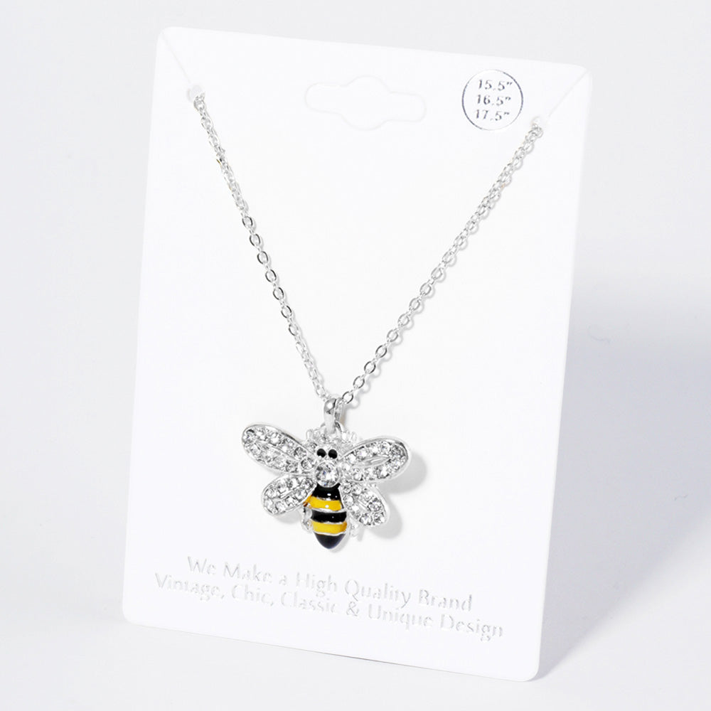 Madeline Love Clear, Rhodium Crystal Rhinestone Paved Enamel Honey Bee Pendant Necklace - Necklaces