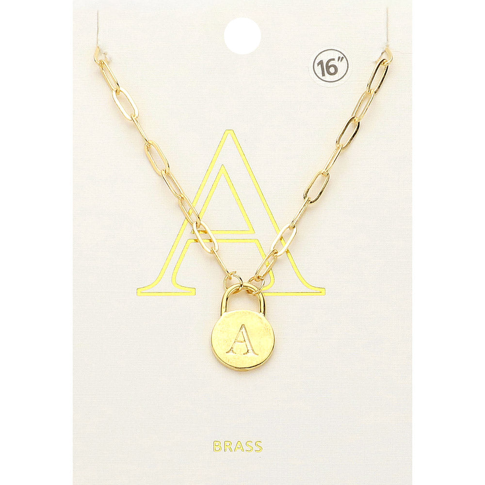Madeline Love ~A~, Gold -A- Brass Metal Initial Monogram Lock Pendant Necklace - Necklaces