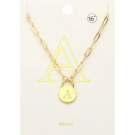 Madeline Love ~A~, Gold -A- Brass Metal Initial Monogram Lock Pendant Necklace - Necklaces