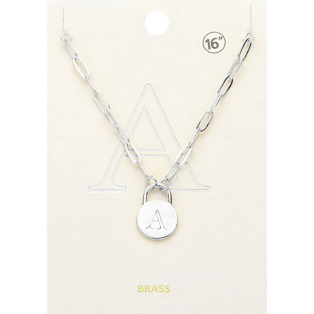 Madeline Love ~A~, Rhodium -A- Brass Metal Initial Monogram Lock Pendant Necklace - Necklaces