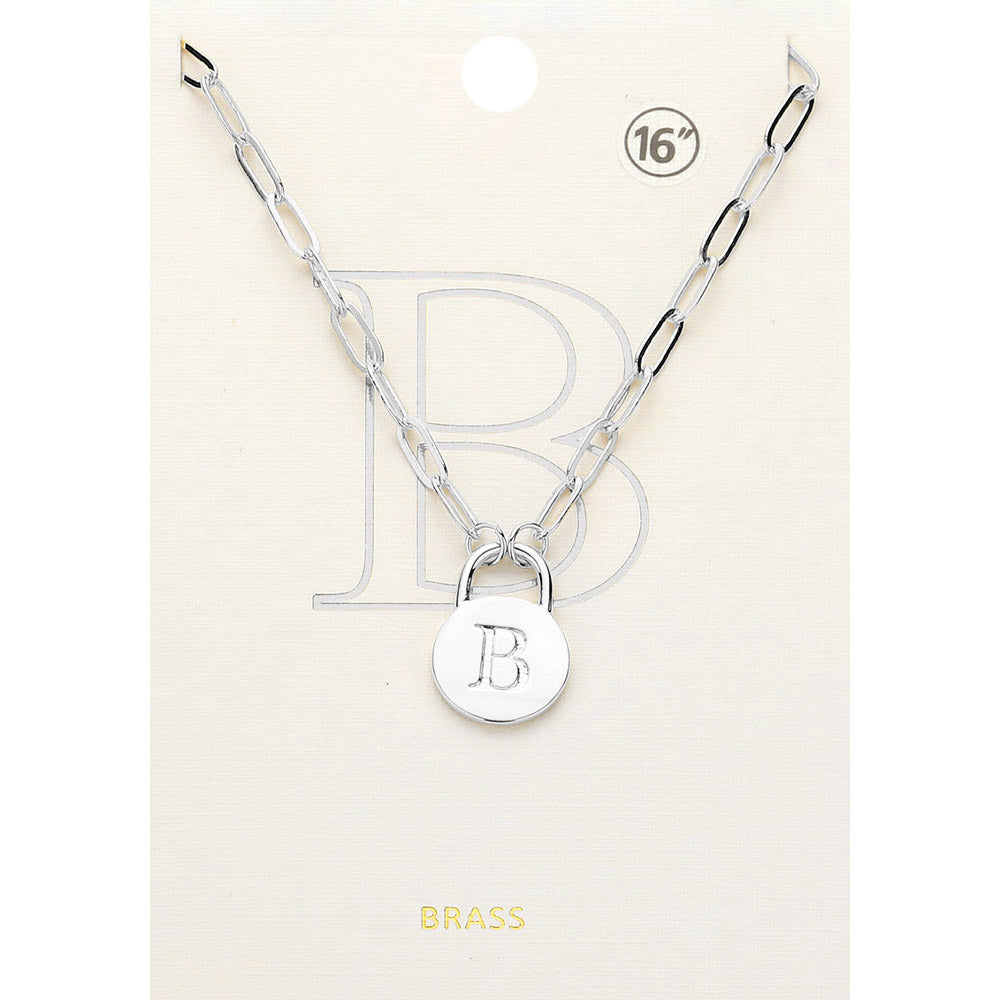 Madeline Love ~B~, Rhodium -B- Brass Metal Initial Monogram Lock Pendant Necklace - Necklaces