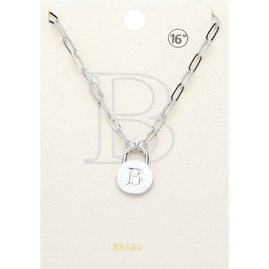 Madeline Love ~B~, Rhodium -B- Brass Metal Initial Monogram Lock Pendant Necklace - Necklaces