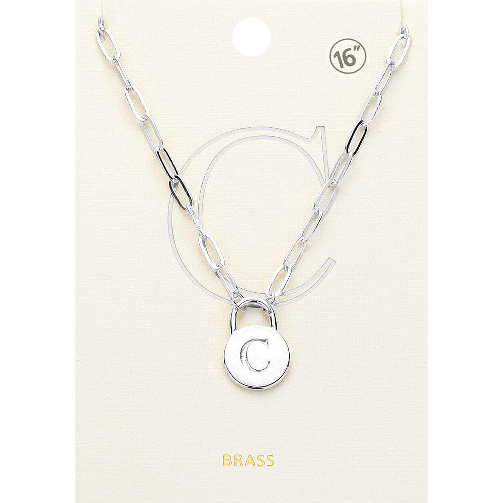Madeline Love ~C~, Rhodium -C- Brass Metal Initial Monogram Lock Pendant Necklace - Necklaces