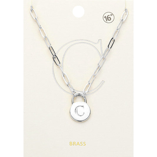 Madeline Love ~C~, Rhodium -C- Brass Metal Initial Monogram Lock Pendant Necklace - Necklaces