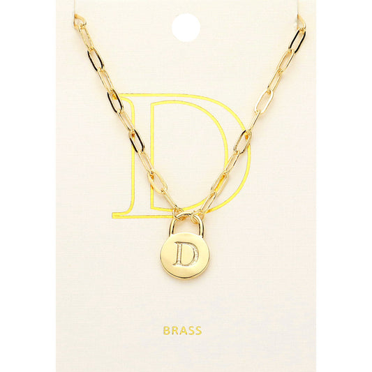Madeline Love ~D~, Gold -D- Brass Metal Initial Monogram Lock Pendant Necklace - Necklaces