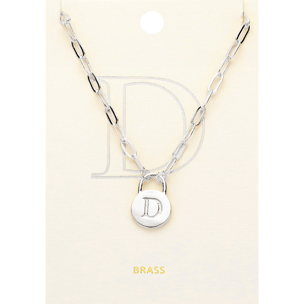 Madeline Love ~D~, Rhodium -D- Brass Metal Initial Monogram Lock Pendant Necklace - Necklaces