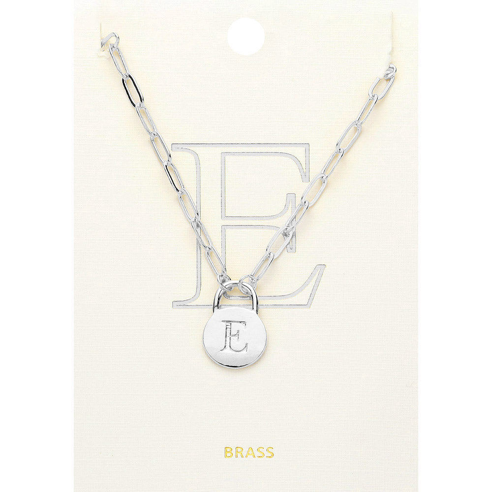 Madeline Love ~E~, Rhodium -E- Brass Metal Initial Monogram Lock Pendant Necklace - Necklaces