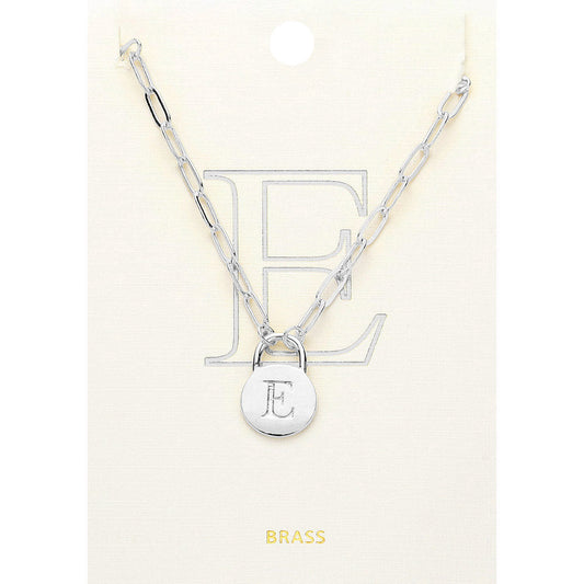 Madeline Love ~E~, Rhodium -E- Brass Metal Initial Monogram Lock Pendant Necklace - Necklaces