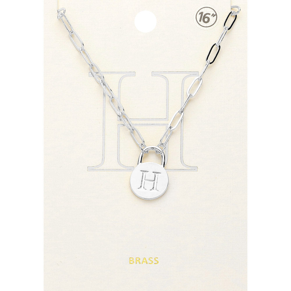 Madeline Love ~H~, Rhodium -H- Brass Metal Initial Monogram Lock Pendant Necklace - Necklaces