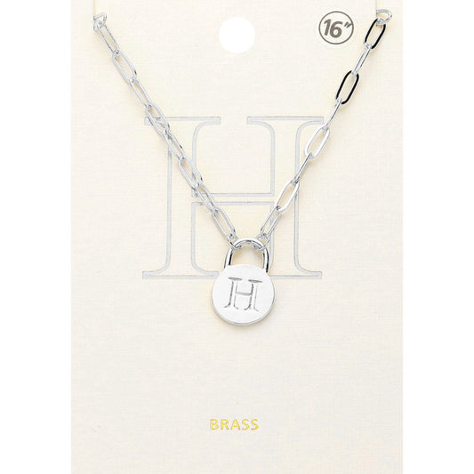 Madeline Love ~H~, Rhodium -H- Brass Metal Initial Monogram Lock Pendant Necklace - Necklaces