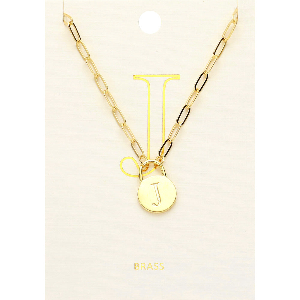 Madeline Love ~J~, Gold -J- Brass Metal Initial Monogram Lock Pendant Necklace - Necklaces
