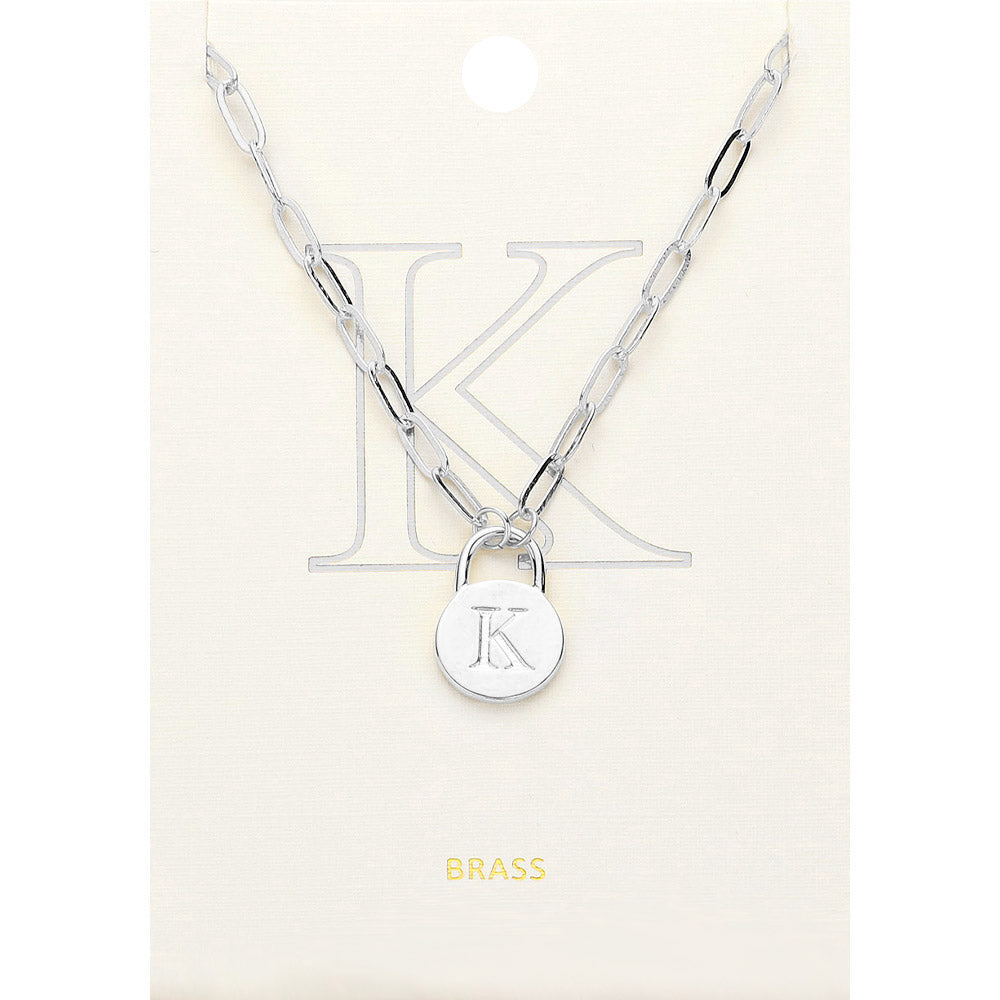 Madeline Love ~K~, Rhodium -K- Brass Metal Initial Monogram Lock Pendant Necklace - Necklaces