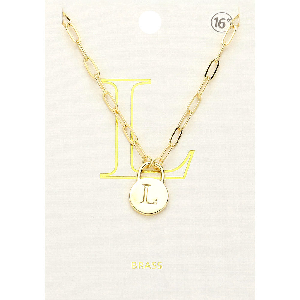 Madeline Love ~L~, Gold -L- Brass Metal Initial Monogram Lock Pendant Necklace - Necklaces