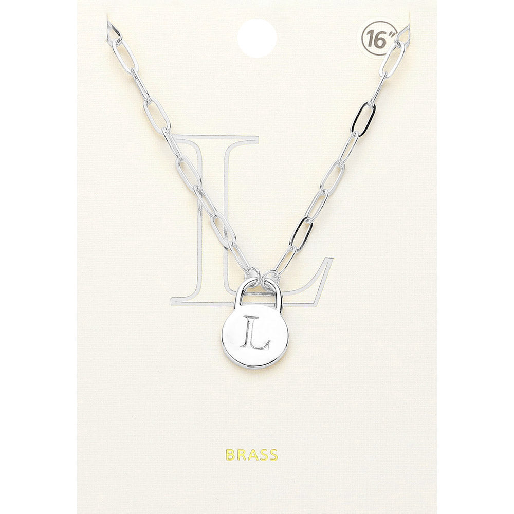 Madeline Love ~L~, Rhodium -L- Brass Metal Initial Monogram Lock Pendant Necklace - Necklaces