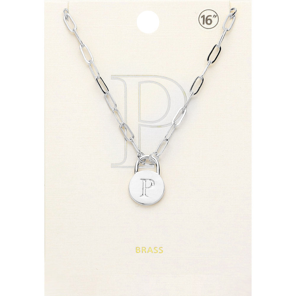 Madeline Love ~P~, Rhodium -P- Brass Metal Initial Monogram Lock Pendant Necklace - Necklaces