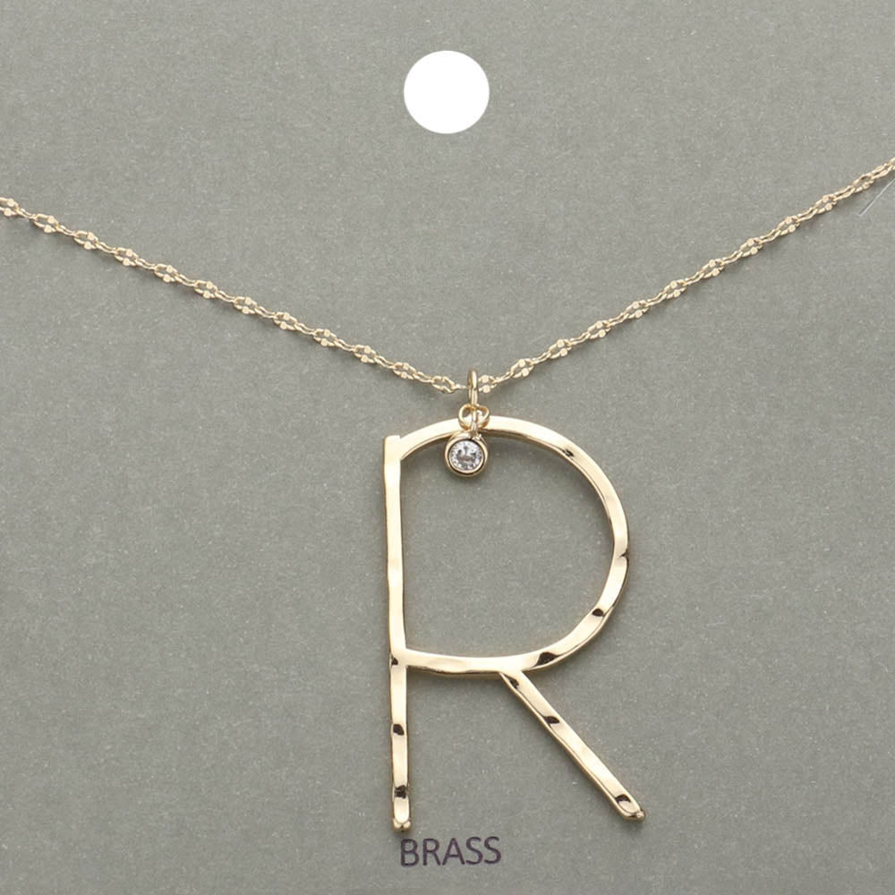 Madeline Love ~R~, Gold -R- Initial Monogram Brass Metal Pendant Necklace - Necklaces