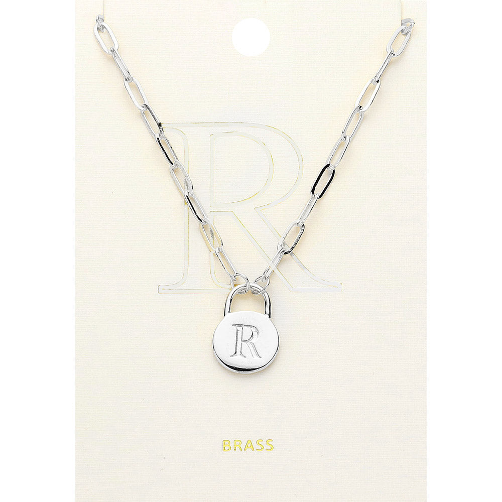 Madeline Love ~R~, Rhodium -R- Brass Metal Initial Monogram Lock Pendant Necklace - Necklaces