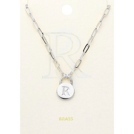 Madeline Love ~R~, Rhodium -R- Brass Metal Initial Monogram Lock Pendant Necklace - Necklaces