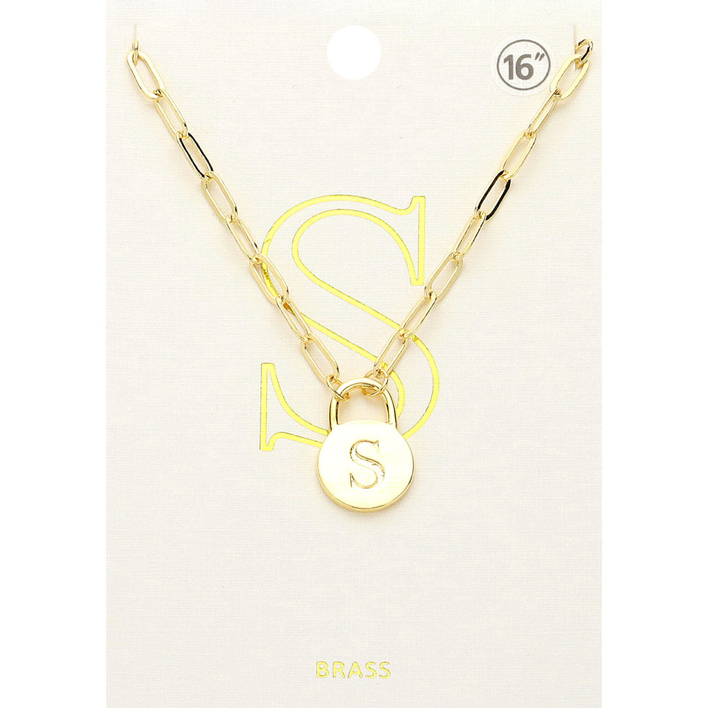 Madeline Love ~S~, Gold -S- Brass Metal Initial Monogram Lock Pendant Necklace - Necklaces