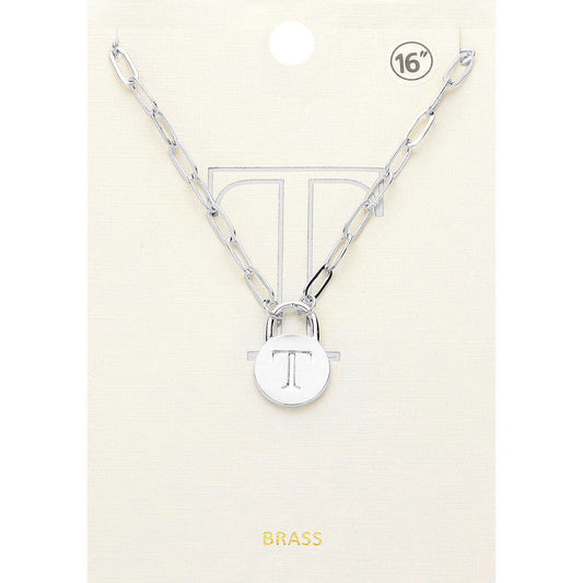 Madeline Love ~T~, Rhodium -T- Brass Metal Initial Monogram Lock Pendant Necklace - Necklaces
