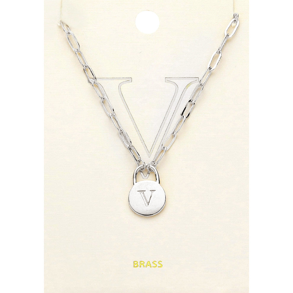 Madeline Love ~V~, Rhodium -V- Brass Metal Initial Monogram Lock Pendant Necklace - Necklaces