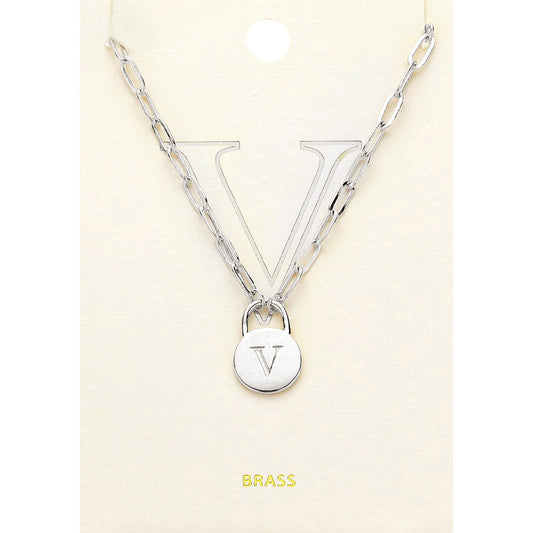 Madeline Love ~V~, Rhodium -V- Brass Metal Initial Monogram Lock Pendant Necklace - Necklaces