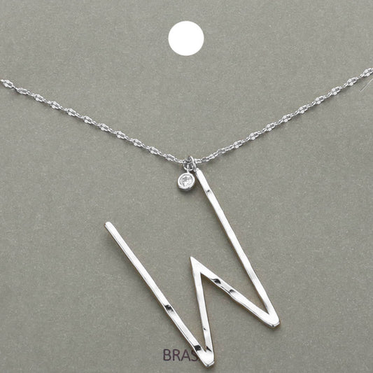 Madeline Love ~W~, Rhodium -W- Initial Monogram Brass Metal Pendant Necklace - Necklaces