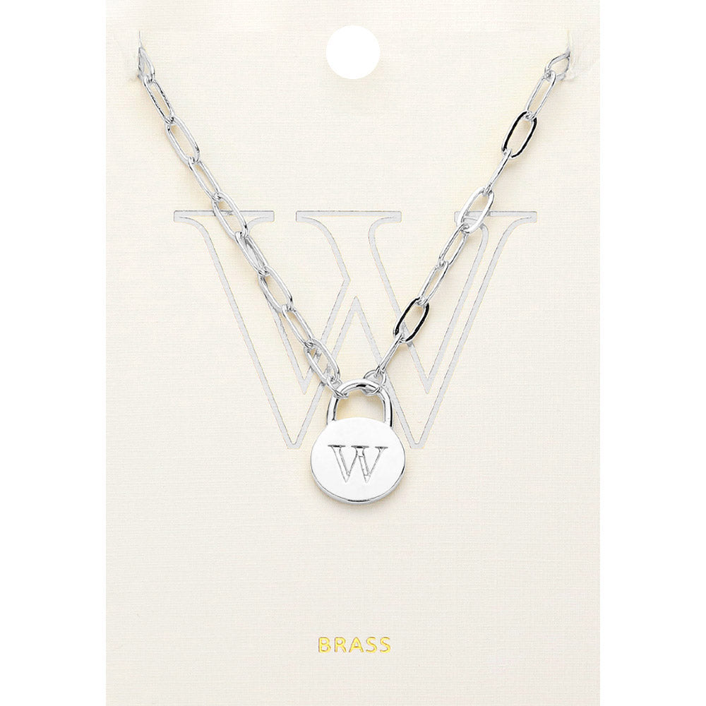 Madeline Love ~W~, Rhodium -W- Brass Metal Initial Monogram Lock Pendant Necklace - Necklaces