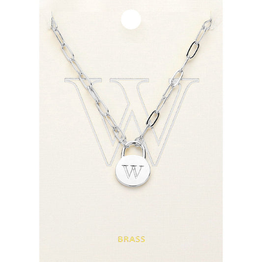 Madeline Love ~W~, Rhodium -W- Brass Metal Initial Monogram Lock Pendant Necklace - Necklaces