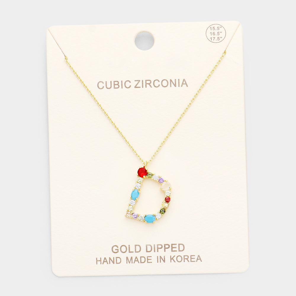 Madeline Love ~D~, Gold, Multi Gold Dipped CZ Letter D Initial Monogram Pendant Necklace - Necklaces