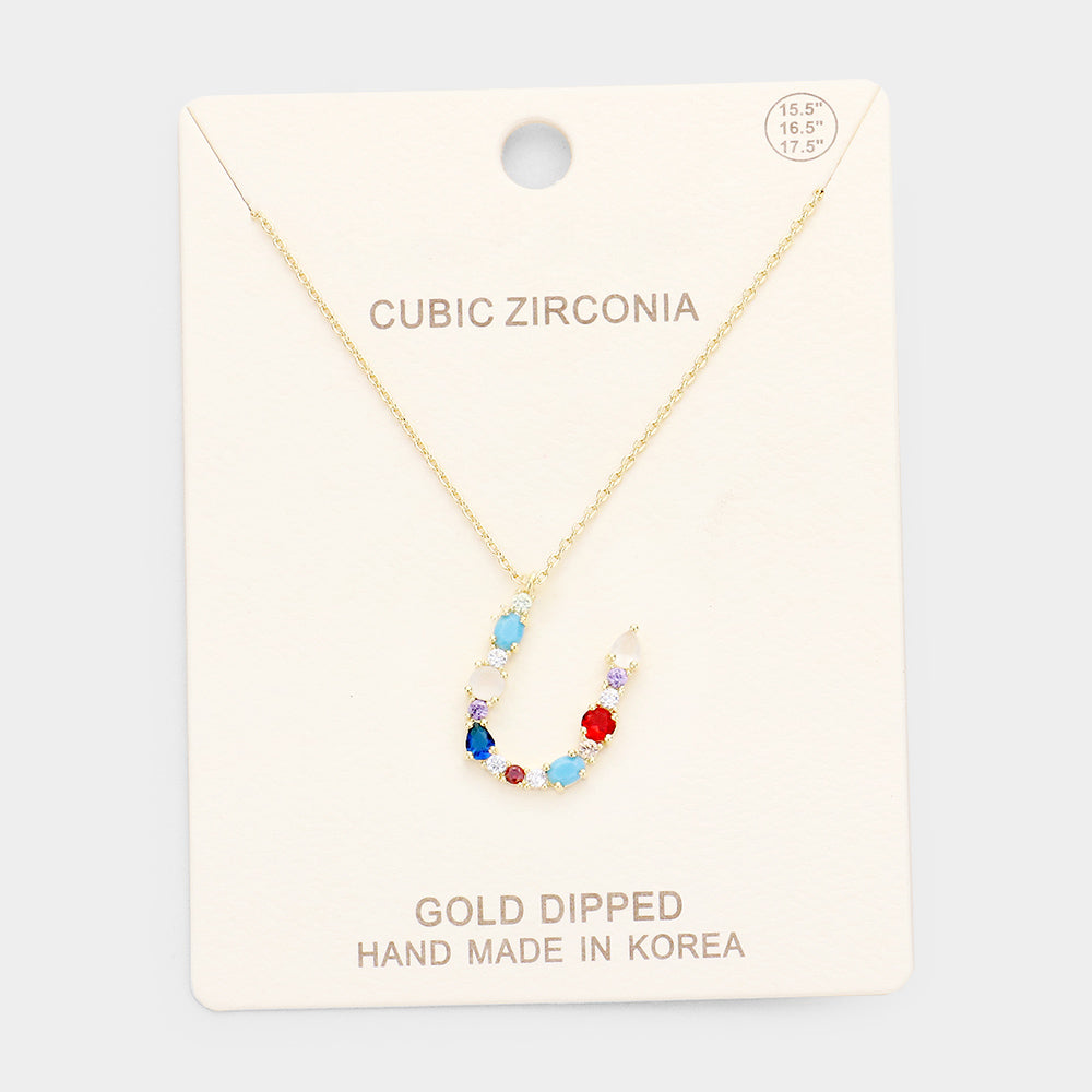 Madeline Love ~U~, Gold, Multi Gold Dipped CZ Letter U Initial Monogram Pendant Necklace - Necklaces