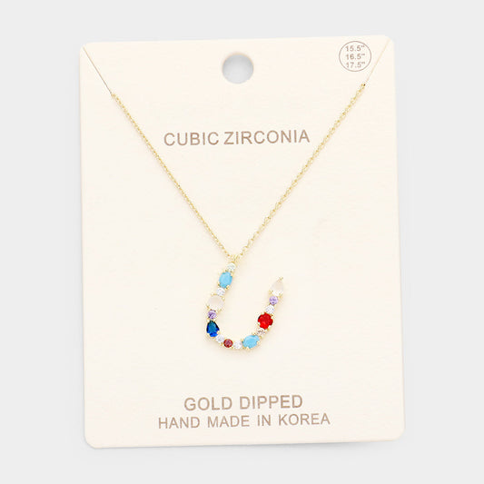 Madeline Love ~U~, Gold, Multi Gold Dipped CZ Letter U Initial Monogram Pendant Necklace - Necklaces
