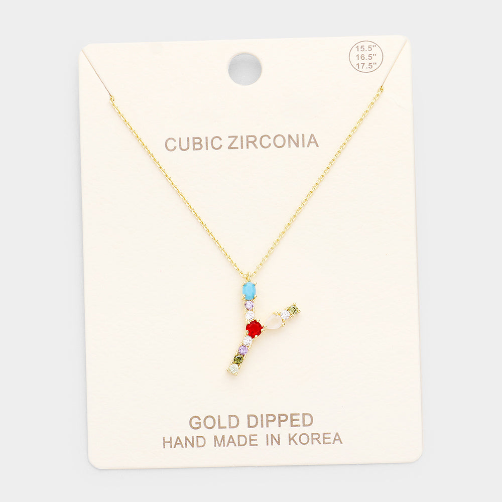 Madeline Love ~Y~, Gold, Multi Gold Dipped CZ Letter Y Initial Monogram Pendant Necklace - Necklaces
