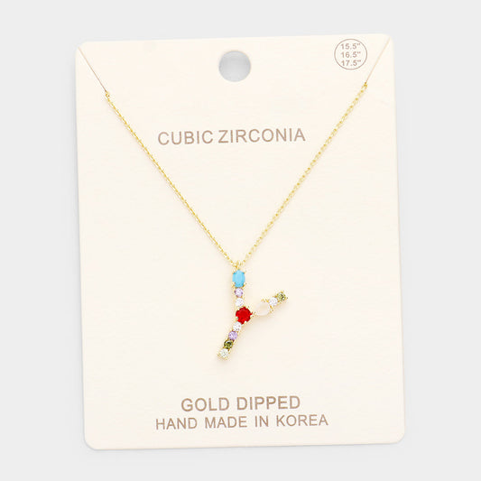 Madeline Love ~Y~, Gold, Multi Gold Dipped CZ Letter Y Initial Monogram Pendant Necklace - Necklaces