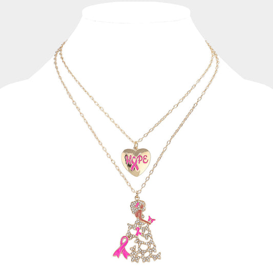 Madeline Love Gold, Pink 2PCS - Hope Message Heart Pink Ribbon Afrowoman Pendant Necklaces - Jewelry