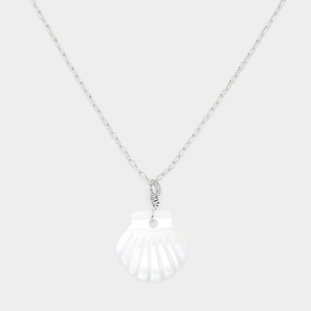 Rhodium Brass Metal Mother of Pearl Shell Pendant Necklace