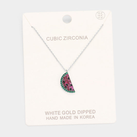 Madeline Love Red, Rhodium White Gold Dipped CZ Watermelon Pendant Necklace - Jewelry