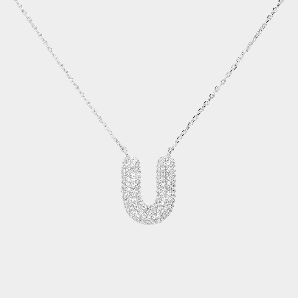Madeline Love Clear, Rhodium -U- White Gold Dipped CZ Initial Monogram Pendant Necklace - Jewelry