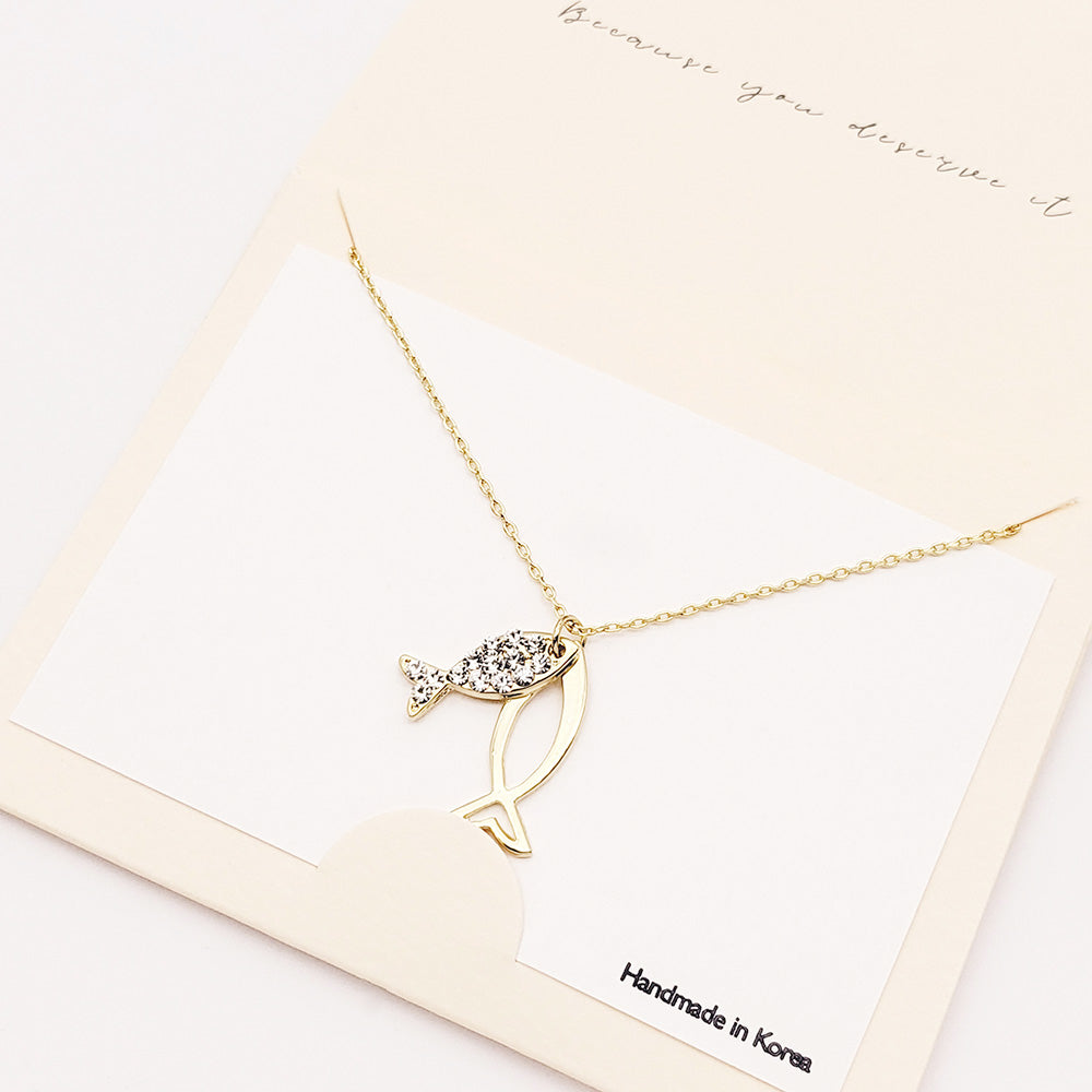 Madeline Love Gold Rhinestone Embellished Ichthys Pendant Necklace - Jewelry