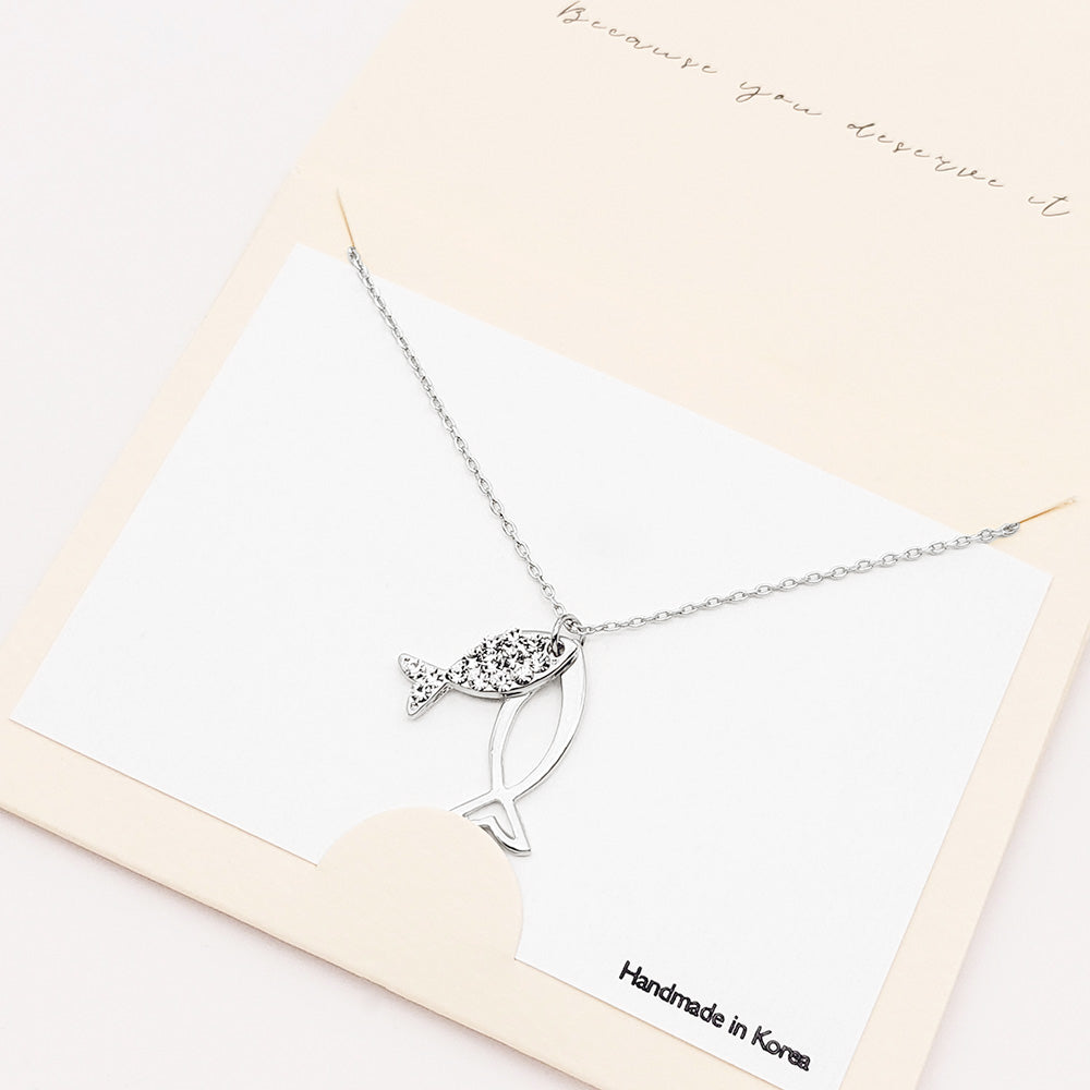 Madeline Love Silver Rhinestone Embellished Ichthys Pendant Necklace - Jewelry