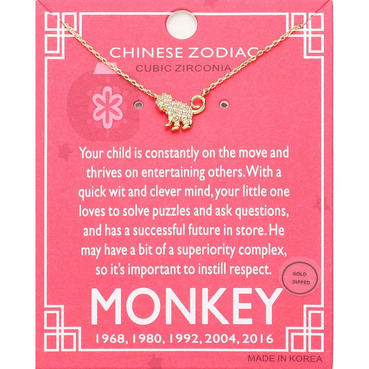 Madeline Love Clear, Gold Lunar 12 Zodiac Gold Dipped CZ Monkey Pendant Necklace - Jewelry