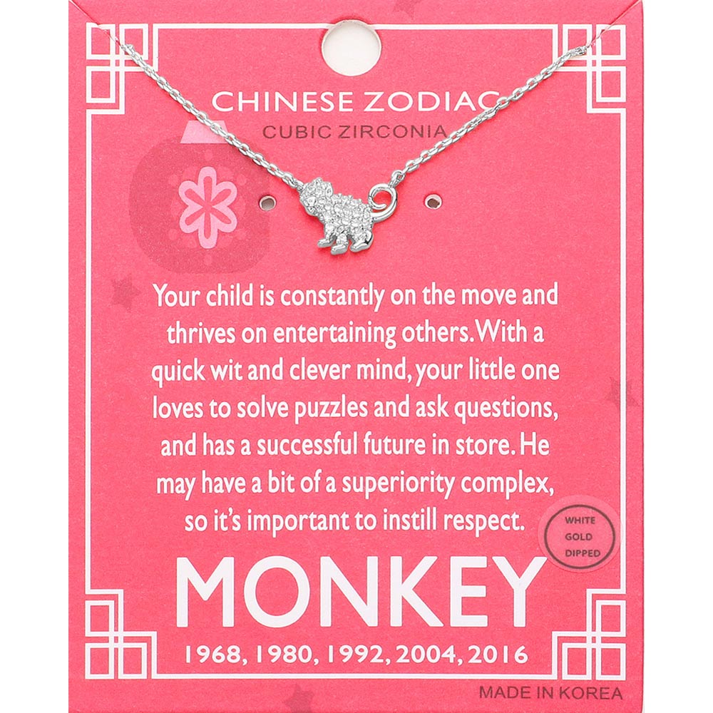 Madeline Love Clear, Rhodium Lunar 12 Zodiac White Gold Dipped CZ Monkey Pendant Necklace - Jewelry