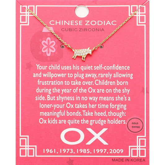 Madeline Love Clear, Gold Lunar 12 Zodiac Gold Dipped CZ Ox Pendant Necklace - Jewelry